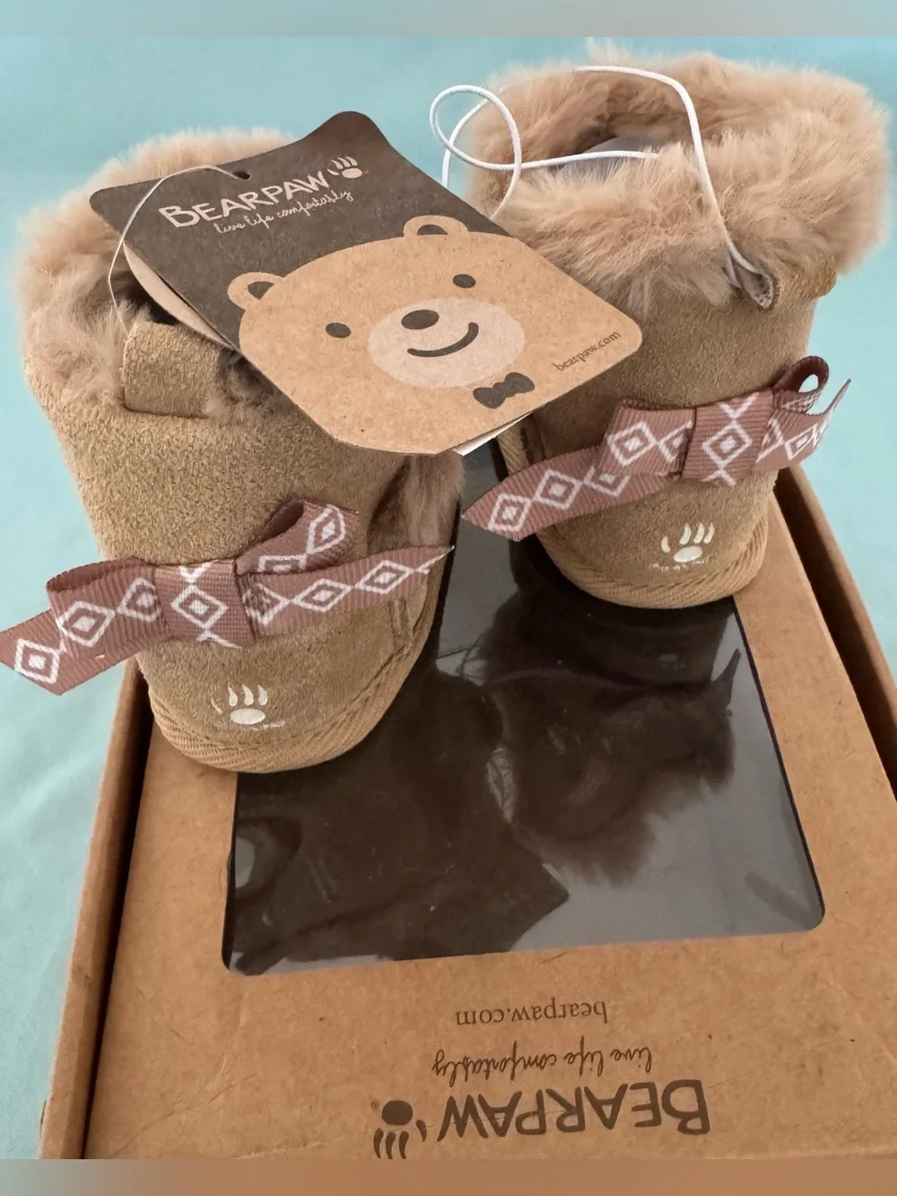 BearPaw Baby Girls Real Leather Tan Faux Fur Boots